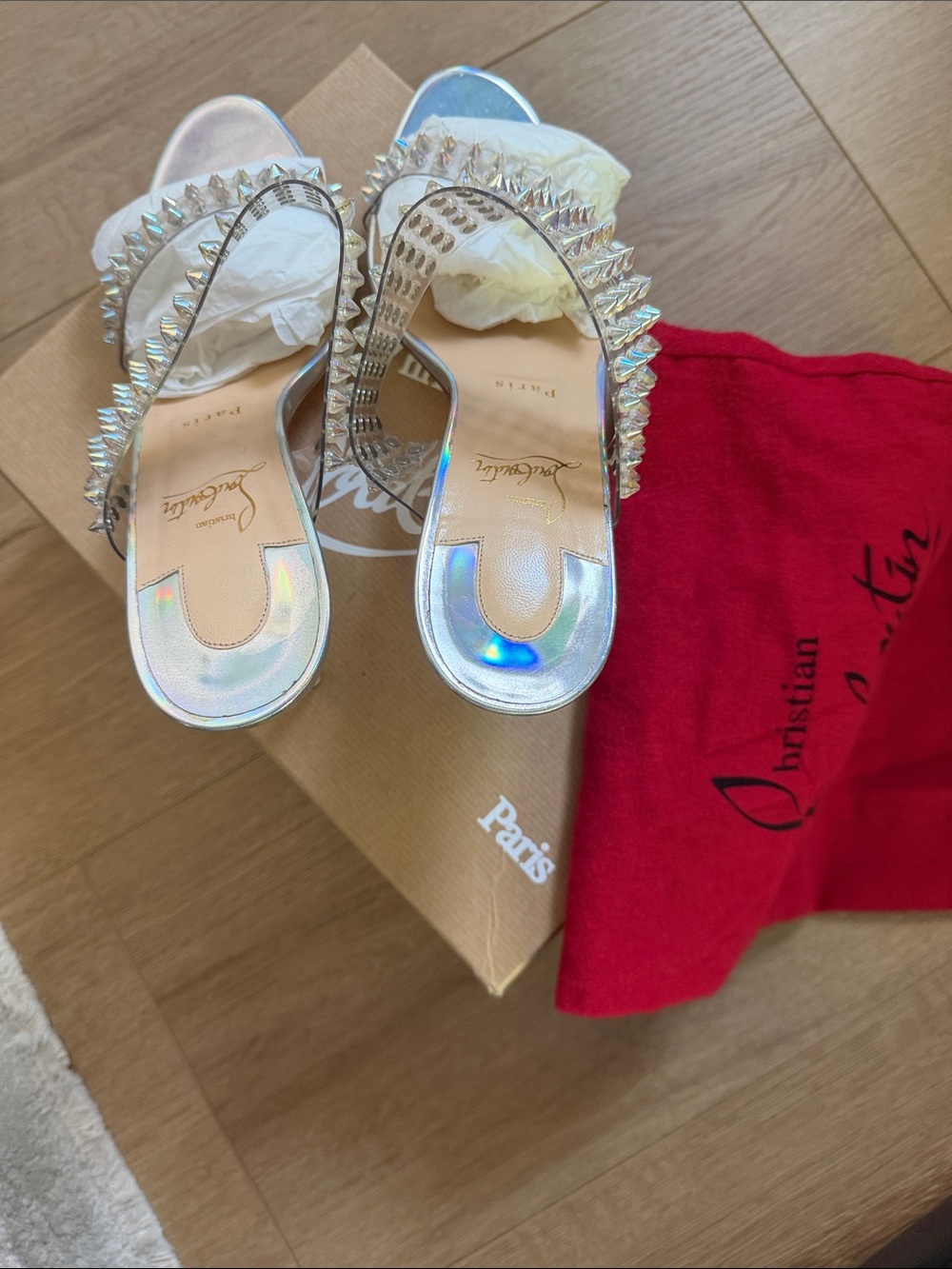 Christian Louboutin Holographic Silver Crystal-Stud Slide Sandals - Picture 4 of 6